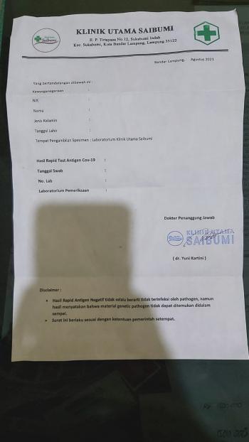 Lagi-lagi Terjadi Pemalsuan Surat Hasil Rapid Test Klinik Pratama Saibumi, Masyarakat Dihimbau Lebih Berhati-Hati  